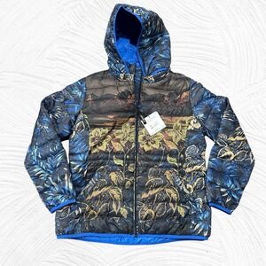 Desigual Floral Quilted Jacket Size US Large Blue Brown Removable Hood Art